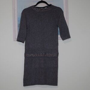 Qi cashmere gray short sleeve Sweater METAL RIVETS TRIM dress Size:XS